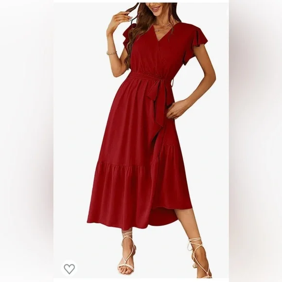 Dresses | Red Short Sleeve Boho Dress Flowy Maxi Alined Xxl Wrap | Poshmark